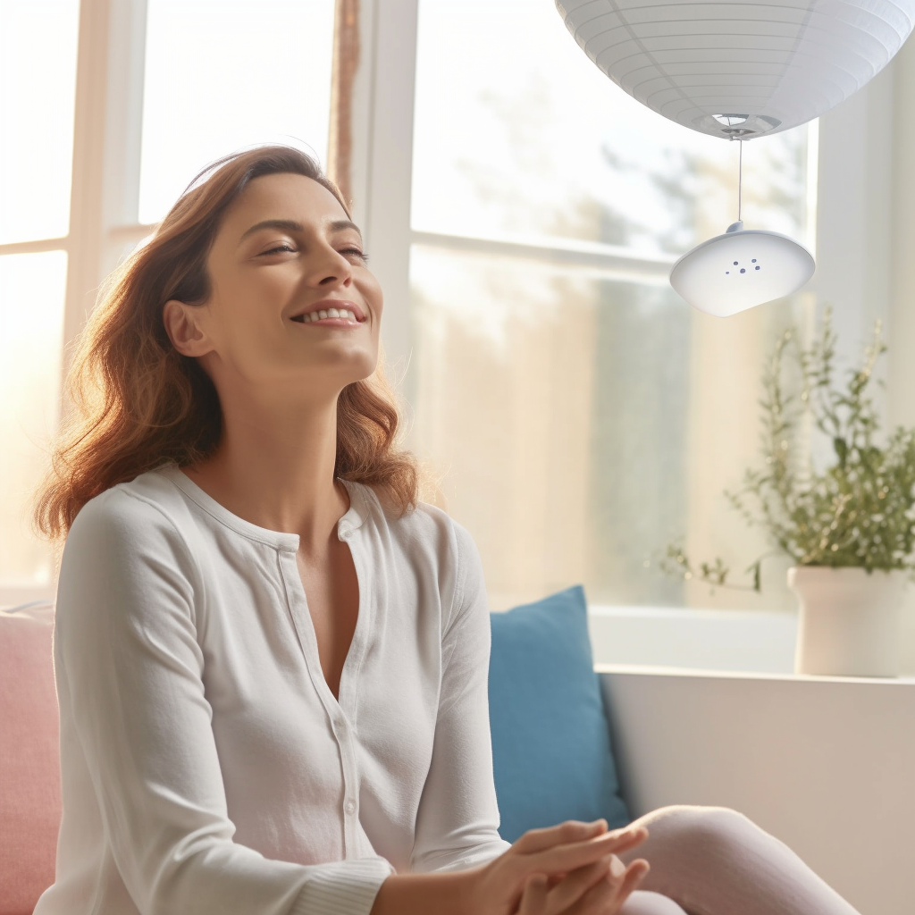 Woman enjoying fresh air at home with Airfree filterless air purifier in the background
